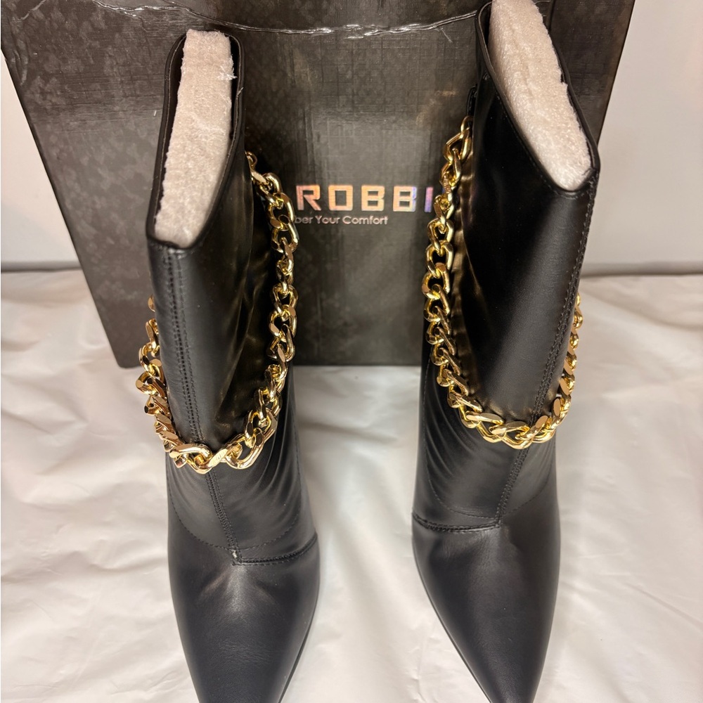 Cape Robbin Black Ankle Boots with Gold Chain Accent